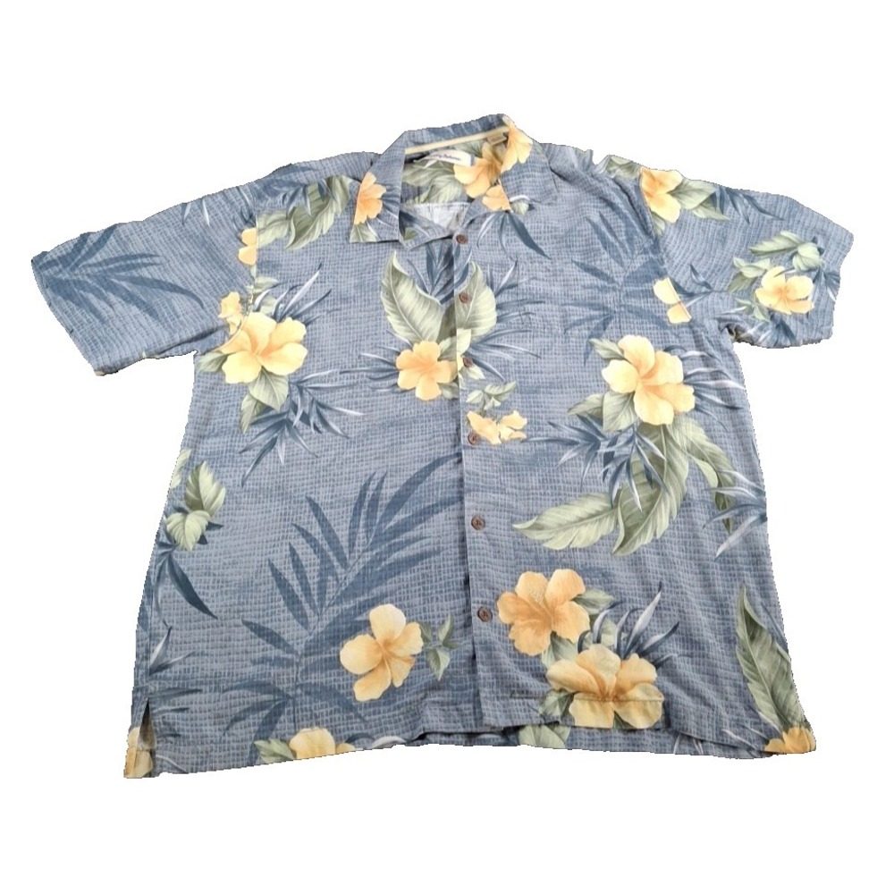 Tommy Bahama 100% Silk Hawaiian Shirt - Retro/Vintage - Blue with Flowers XL